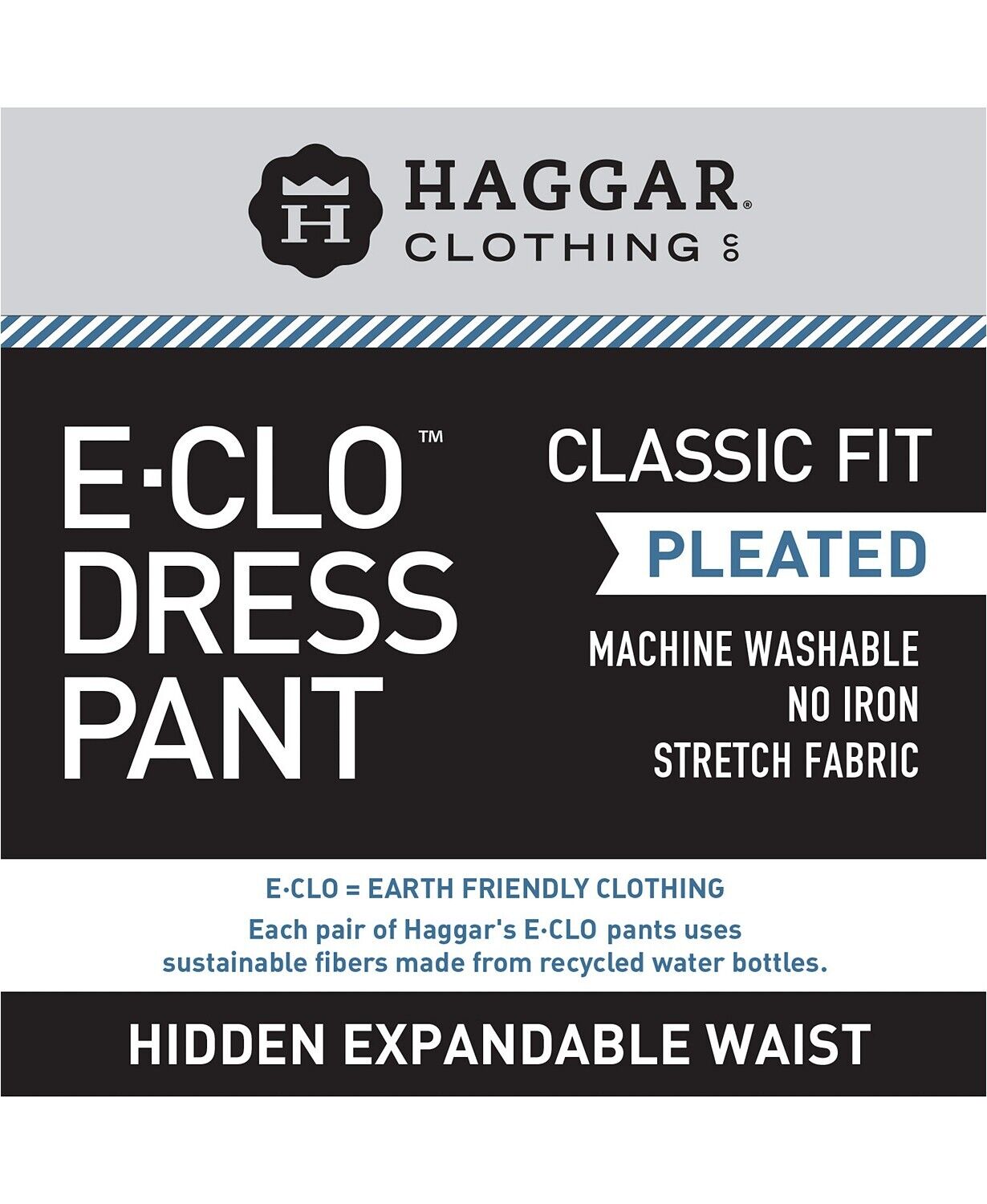 Haggar ECLO Stria Classic Fit Pleated Expandable Waistband 32 x 30 BlacK