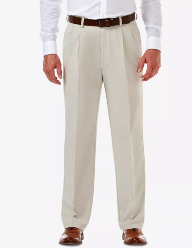 HAGGAR Mens Cool 18 PRO Classic-Fit Expandable Pleated Pants 40 x 31 String Beig