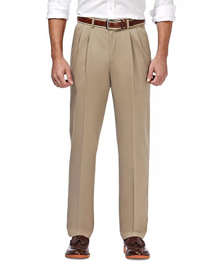 HAGGAR Men's No Iron Khaki Classic Fit Pleated Hidden Expandable Pants 34 x 34