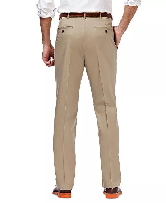 Haggar Mens Premium No Iron Khaki Pleated Pants 35 / 30 Beige Tan