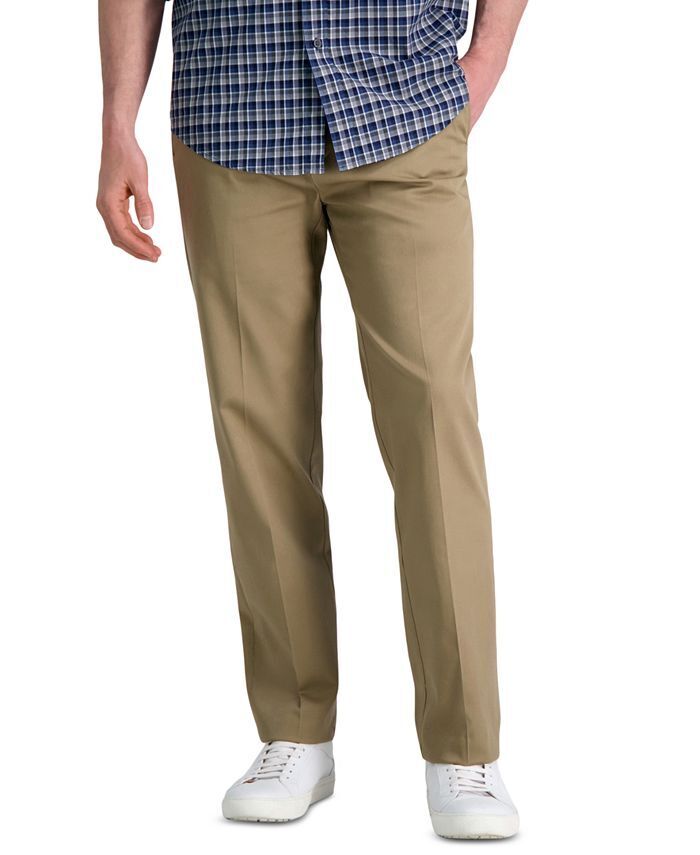 Haggar Men's No Iron Straight Fit Flex Waist Flat Pants 33 x 32 British Khaki