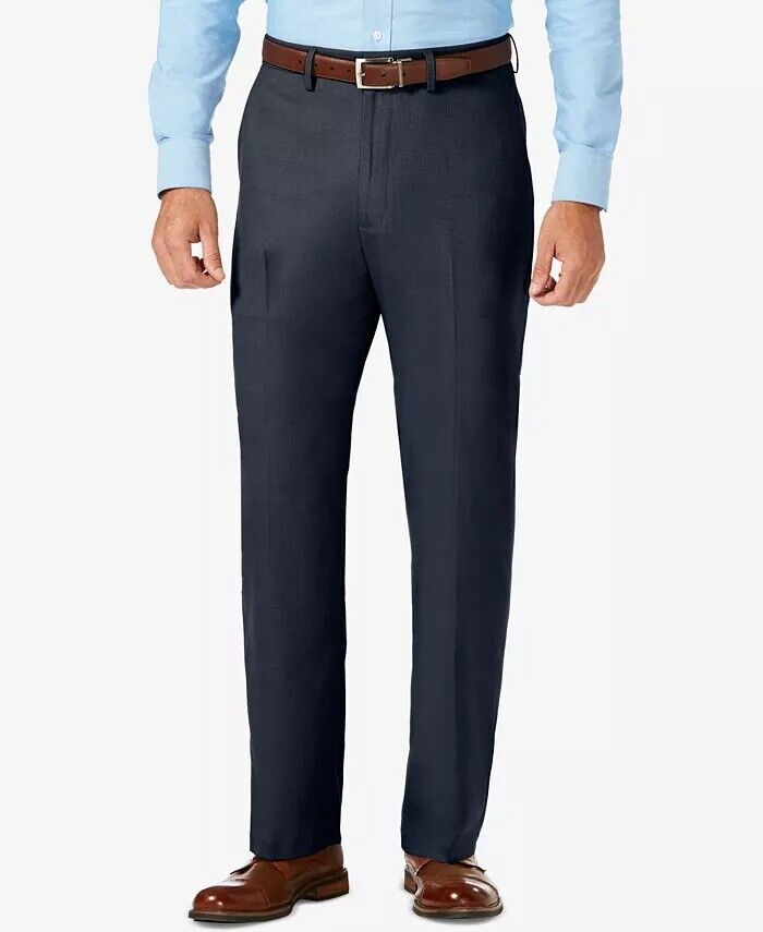 HAGGAR Mens Classic Fit Stretch Sharkskin Flat Dress Pants 42 x 32 Navy Blue