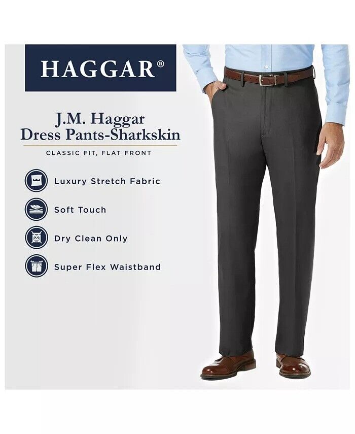 HAGGAR Mens Classic Fit Stretch Sharkskin Flat Dress Pants 42 x 32 Navy Blue