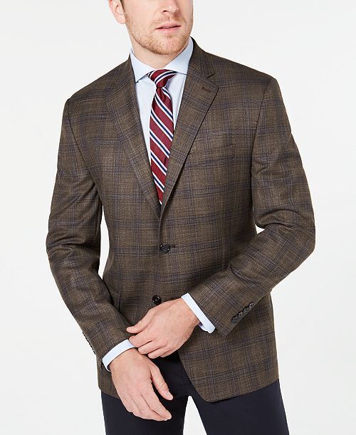 Lauren Ralph Lauren Mens Light Brown Plaid Sport Coat 40L Classic-Fit Stretch