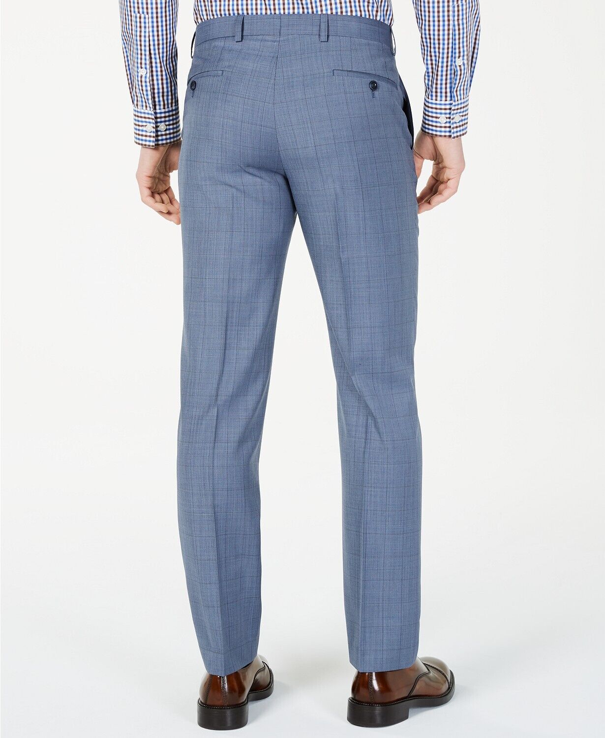 Michael Kors Classic-Fit Airsoft Light Blue Windowpane Wool Dress Pants 33 x 30
