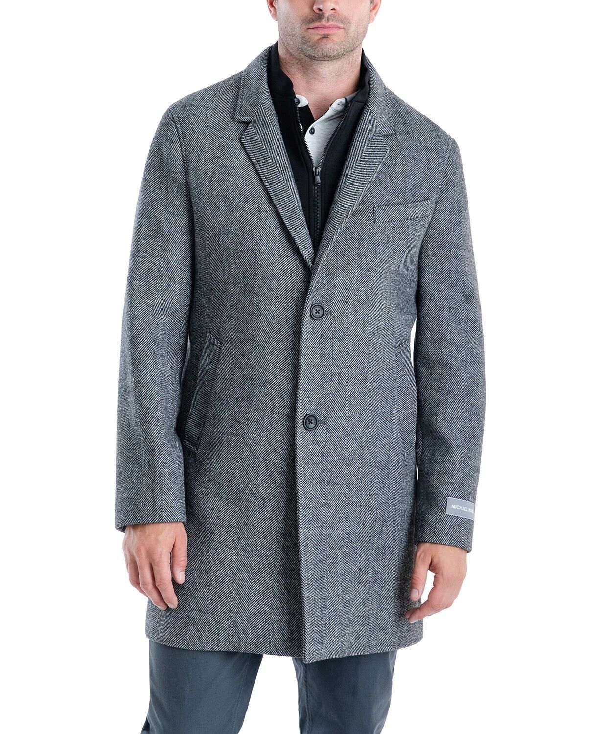 Michael Kors Men's Pike Slim Fit Top Coat 44S Herringbone Wool Black White