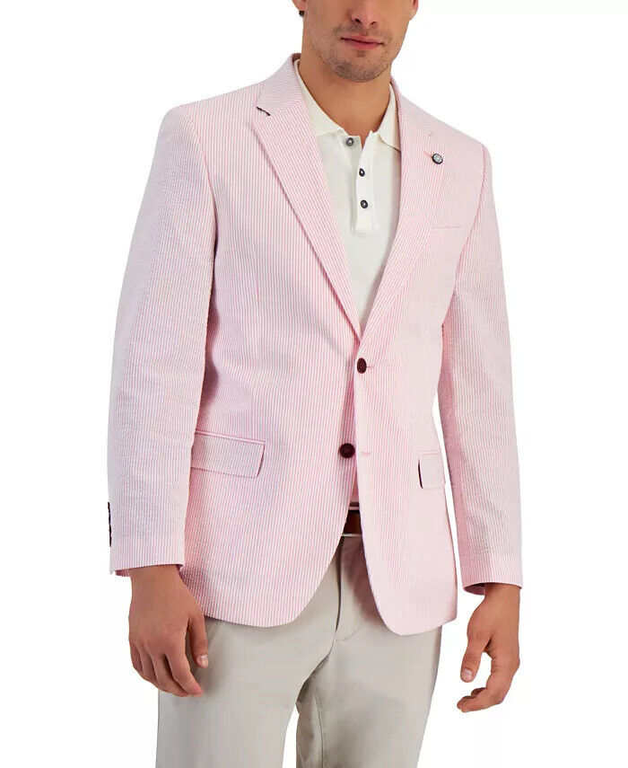NAUTICA Men's Modern-Fit Stretch Stripe Seersucker Sport Coat 42S Pink