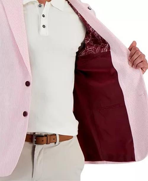 NAUTICA Men's Modern-Fit Stretch Stripe Seersucker Sport Coat 42S Pink