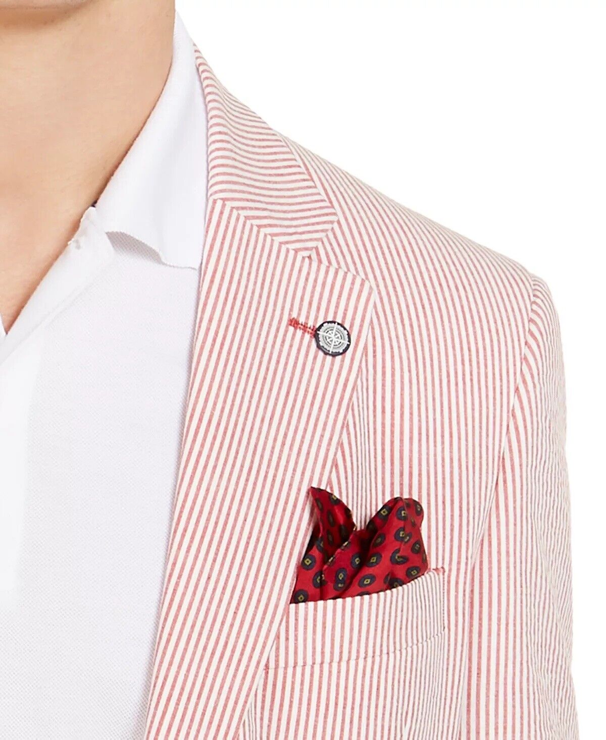 Nautica Mens Modern-Fit Stretch Stripe Seersucker Sport Coat Red White 40R