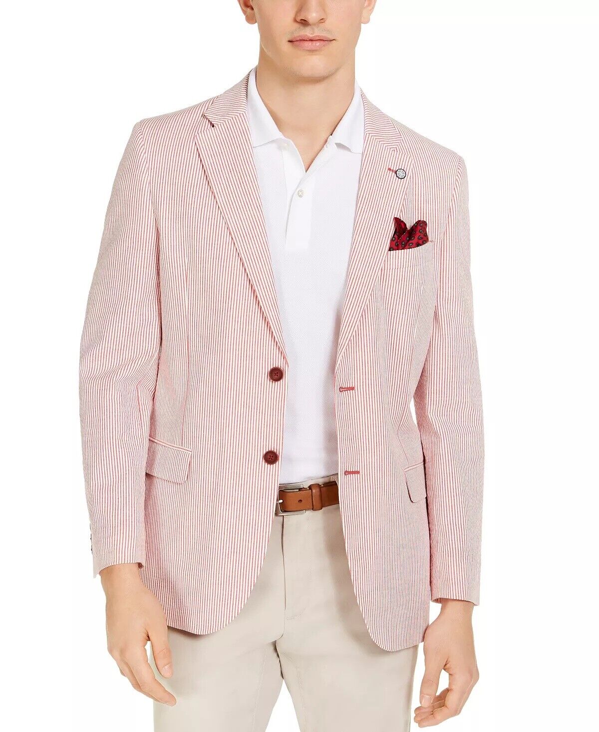 Nautica Mens Modern-Fit Stretch Stripe Seersucker Sport Coat Red White 40R