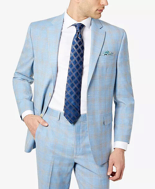 SEAN JOHN Men's Classic-Fit Suit Jacket Light Blue Plaid 36R