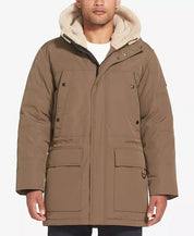 SEAN JOHN Men's Long Hooded Bomber Jacket Medium Khaki Tan