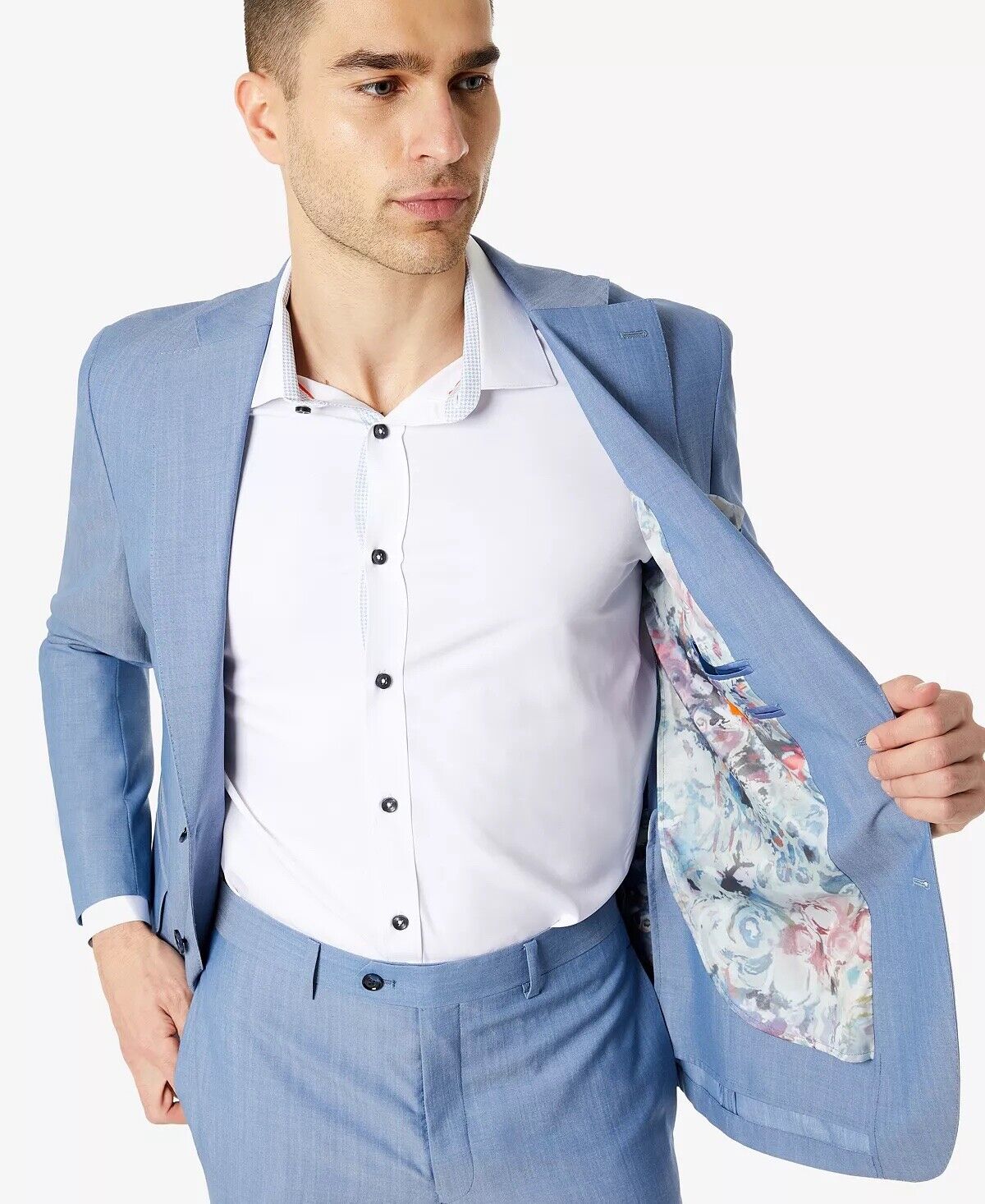 TALLIA Men's Men's Slim-Fit Chambray Suit Jacket 38R Light Blue / 2 Button