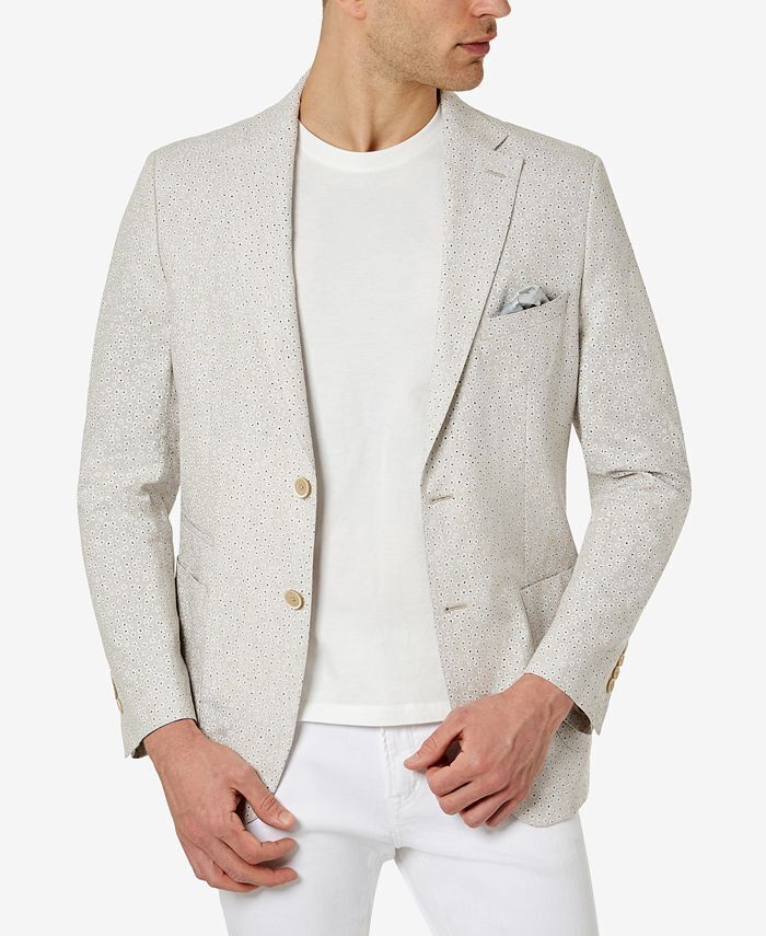 TALLIA Men's Slim-Fit Floral Blazer 40R Sport Coat White / Tan Linen