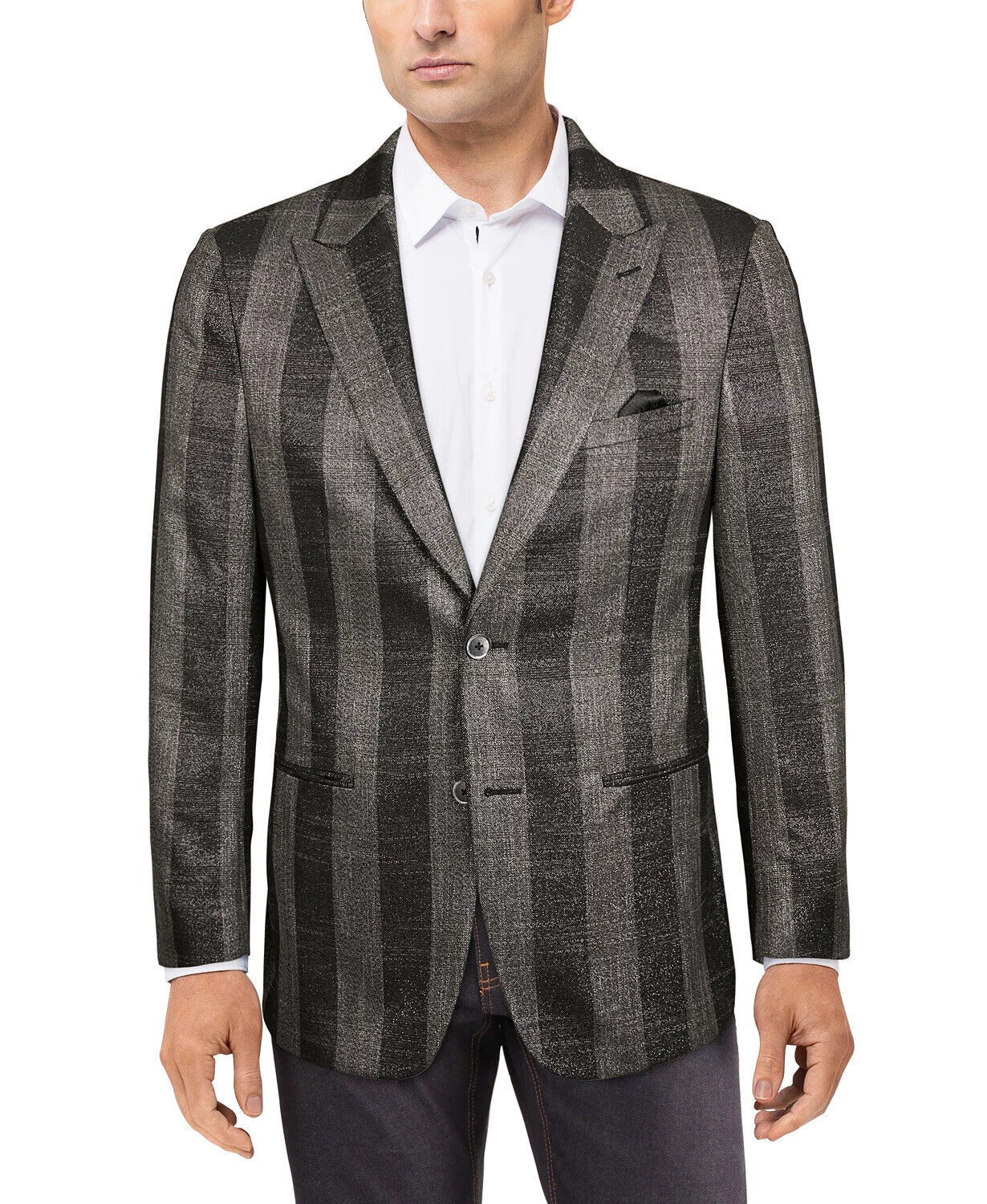 Tallia Men's Slim-Fit Gray Black Metallic Plaid Sport Coat 44L
