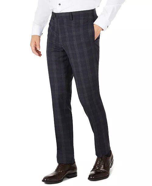 Tallia Men's Slim-Fit Navy Blue Plaid Wool Dress Pants 30 x 30 Flat Front Pant