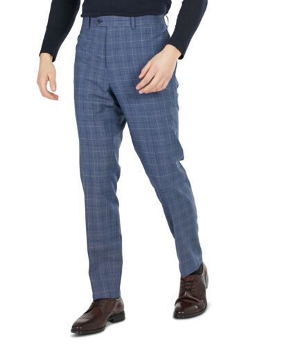 Tallis Men's Slim Fit Plaid Windowpane Stretch Pants Light Blue 32 x 30