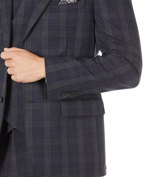 Tallia Men's Slim-Fit Wool Plaid Suit Jacket 40L Navy Blue Grey