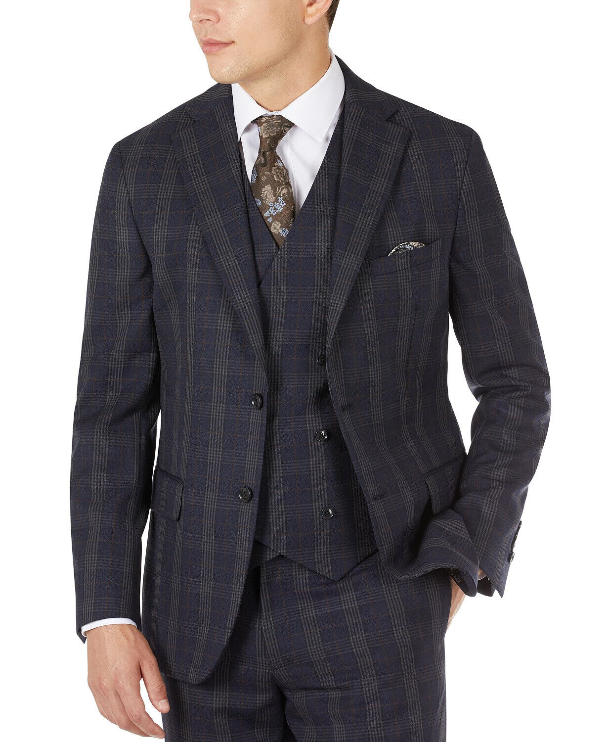 Tallia Men's Slim-Fit Wool Plaid Suit Jacket 40L Navy Blue Grey
