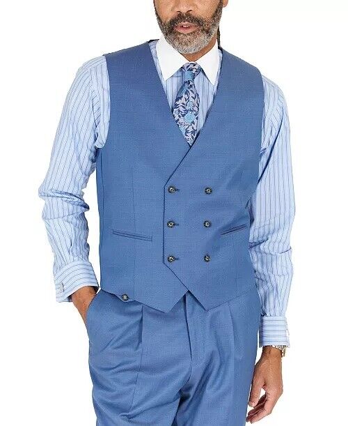 Tayion Collection Blue Solid Classic-Fit Wool Suit Separate Vest XL Blue