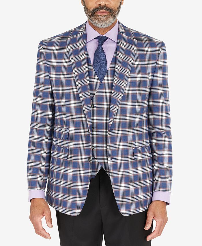 Tayion Collection Men's Classic-Fit Sport Coat Blazer 44R Blue & Pink Plaid