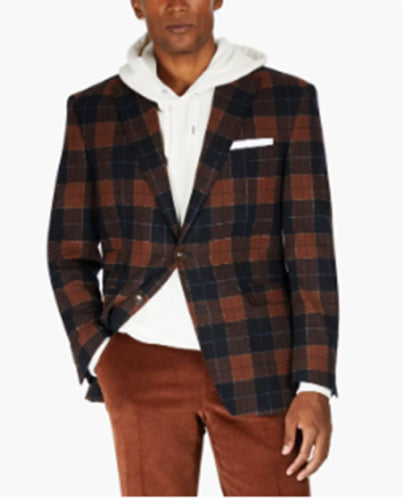 Tayion Collection Men's Classic-Fit Navy & Chestnut Plaid Sport Coat 36R