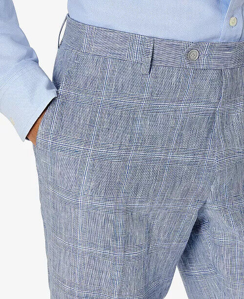 TOMMY HILFIGER Men's Modern Flex Stretch Plaid Linen Dress Pants Blue 40 X 32