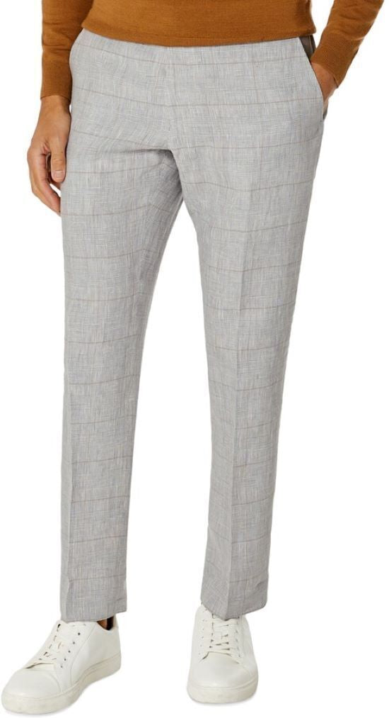 Tommy Hilfiger Men Modern Fit Flex Stretch Plaid Linen Pants Grey Tan 42 X 34