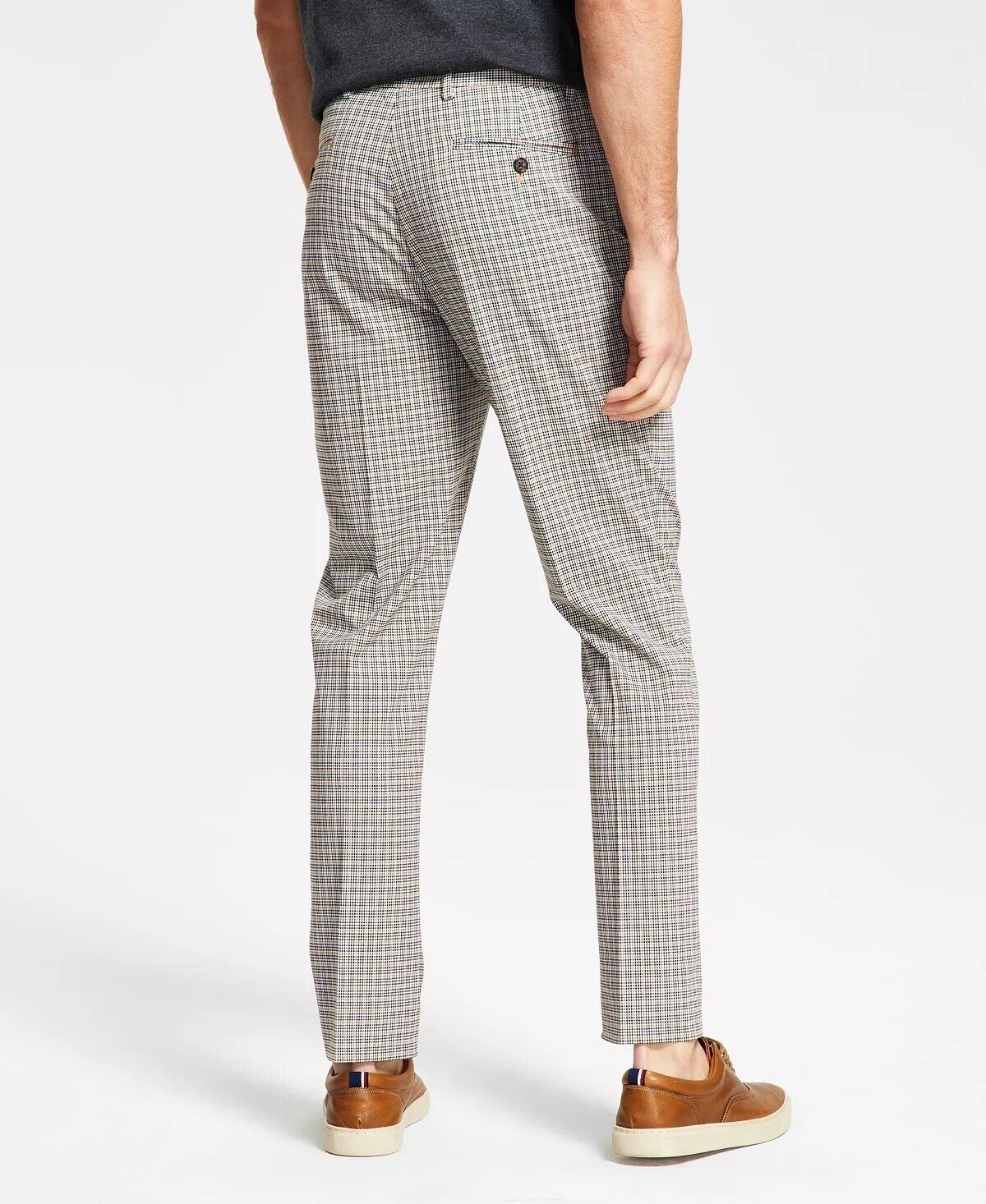 Tommy Hilfiger Modern-Fit Flex Light Brown Check Performance Pants 34 x 30 Flat
