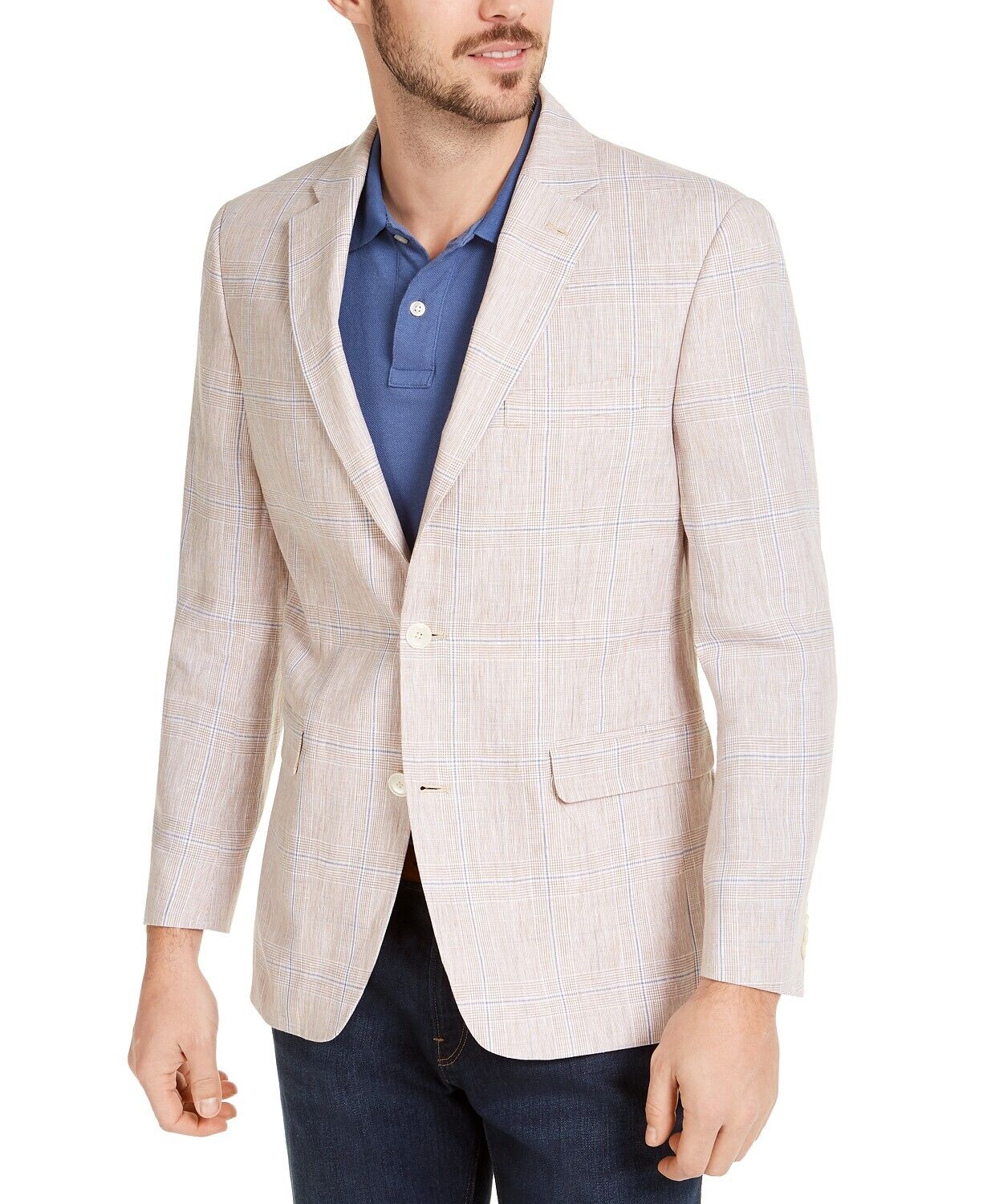 Tommy Hilfiger Men's Modern-Fit TH Flex Stretch Tan Blue Plaid Sport Coat 42L
