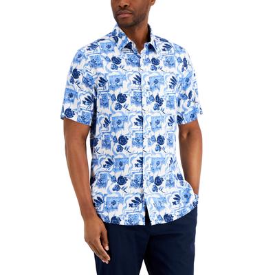Club Room Mens Floral Print Short Sleeve Button Down Shirt  Navy Blue Large