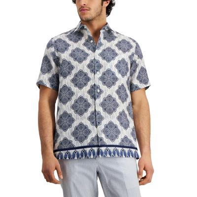 Club Room Men's Medallion Print Linen Shirt Navy  Small