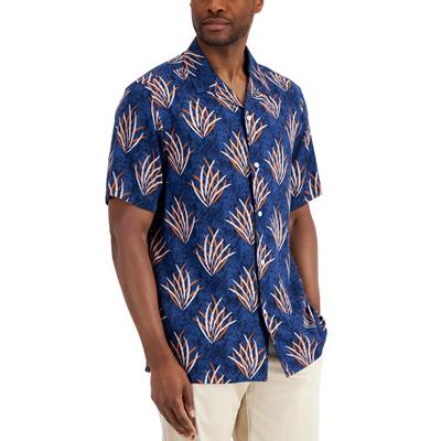 Club Room Mens Short Sleeve Floral Button Down Shirt Navy Blue Large