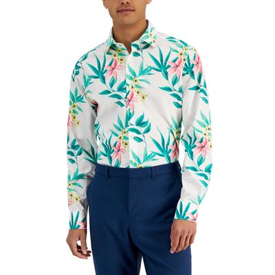 Bar III Men's Tropical Print Button Down Dress Shirt White Green XL