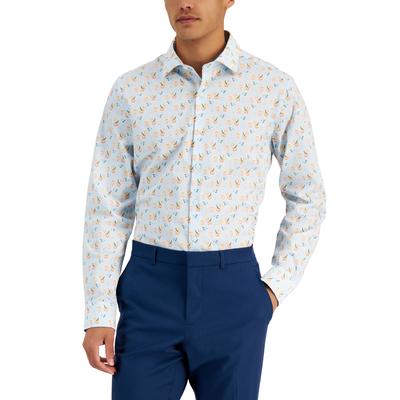 Bar III Mens Slim Fit Organic Cotton Blue Print Buttondown Shirt Small