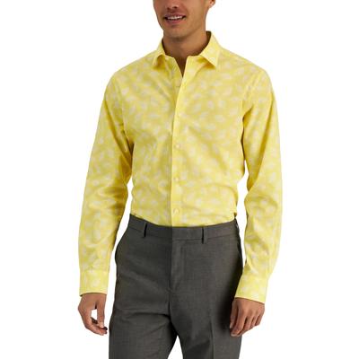 Bar iii Mens Organic Cotton Print Button-Down Shirt XL Yellow