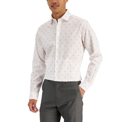Bar III Mens Flamingo Print Button Down Dress Shirt White Pink Mdium