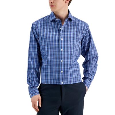 Club Room Mens Plaid Button Down Dress Shirt Navy Blue 18.5 34 35