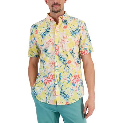 Club Room Men's  Tropical Poplin Short Sleeve Button Down Shirt Yellow Medium