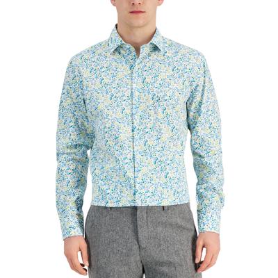 Bar III Mens Calma Floral Button Down Dress Shirt Blue Yellow Large