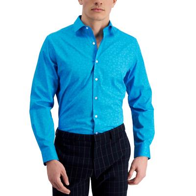 Bar III Mens Slim Fit Floral Button Down Dress Shirt Teal Blue Medium