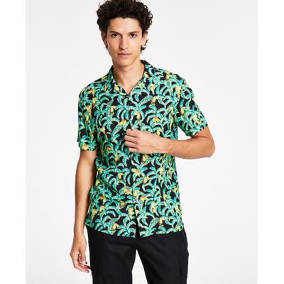 INC International Concepts Men's Jungle Print Camp Shirt  Deep Black Small