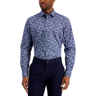Bar III Mens Slim Fit Floral Print Button Down Dress Shirt Navy Blue 17 17.5