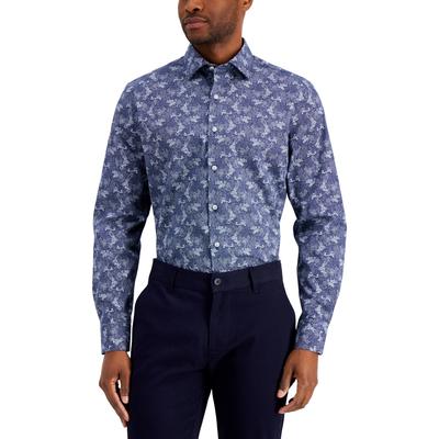 Bar Iii Men's Slim Fit Floral Print Button Down Dress Shirt Navy Blue Large