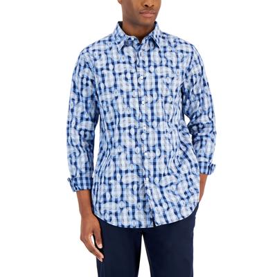 Club Room Men's Gingham Check Button Down Shirt Navy Blue Small