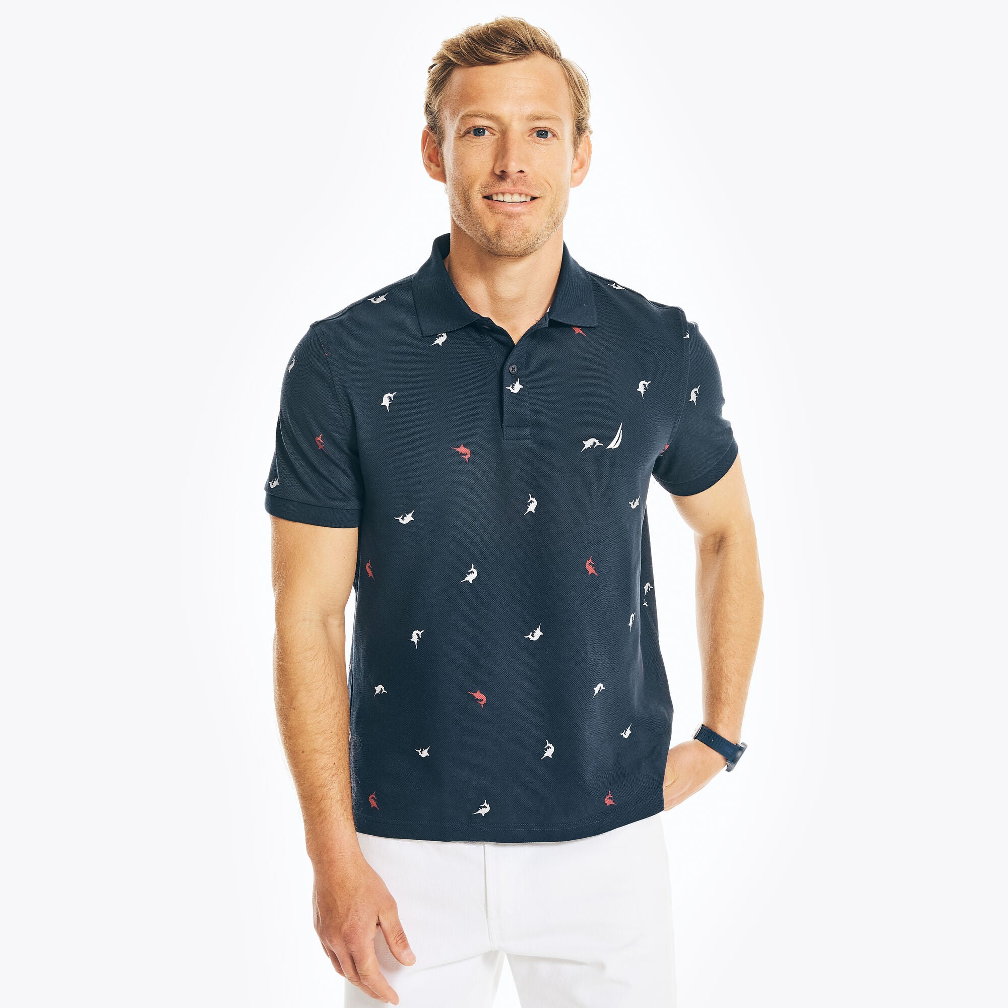 Nautica Men's Dark Blue Printed Deck Polo Shirt Xl