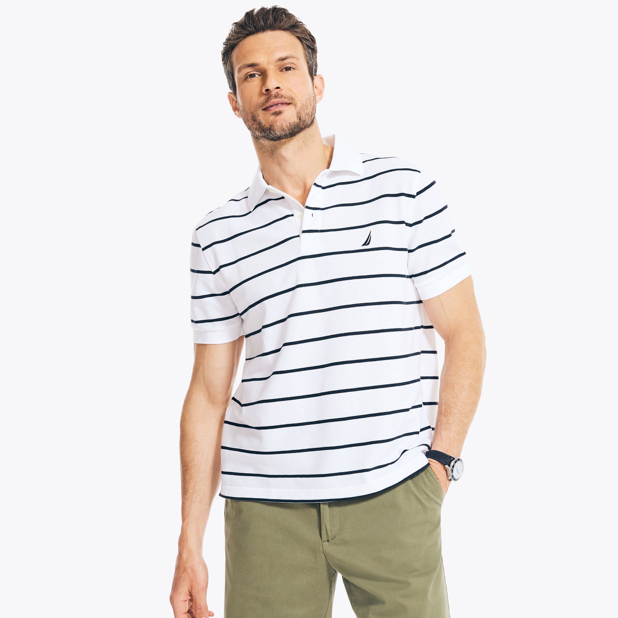 Nautica Mens Classic-Fit Cotton Polo Shirt Bright White XS