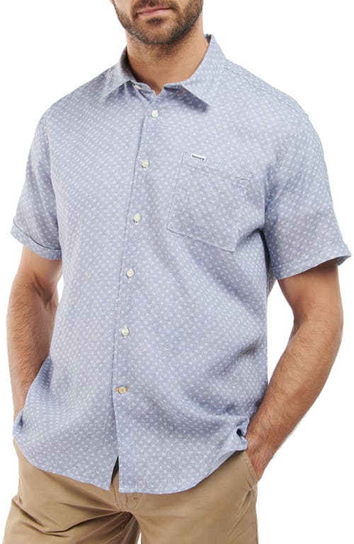 Barbour Mens Spot Linen Blend Short Sleeve Button Down Shirt Blue Medium