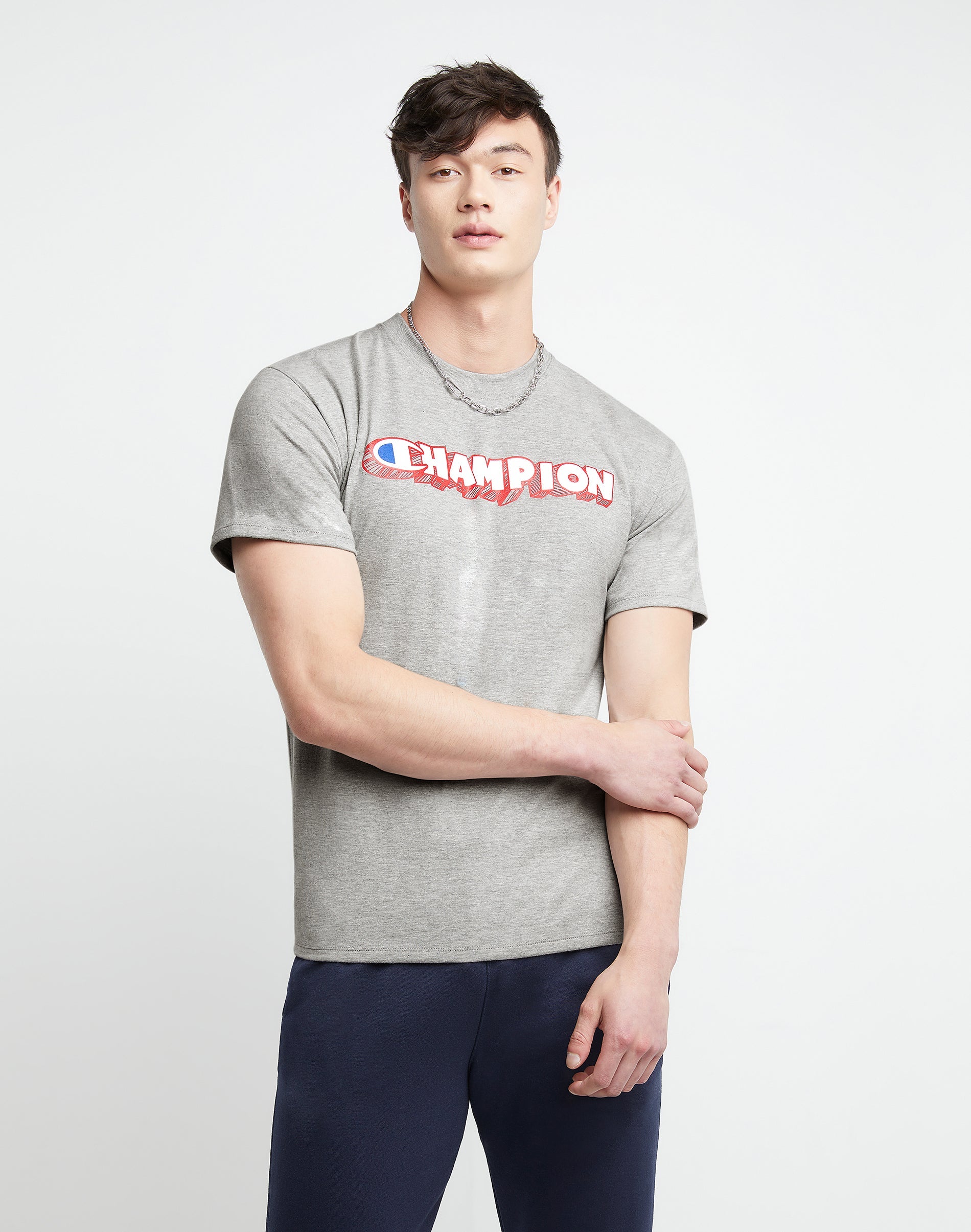 Champion Mens Classic Standard Fit Logo Graphic T Shirt Grey Large