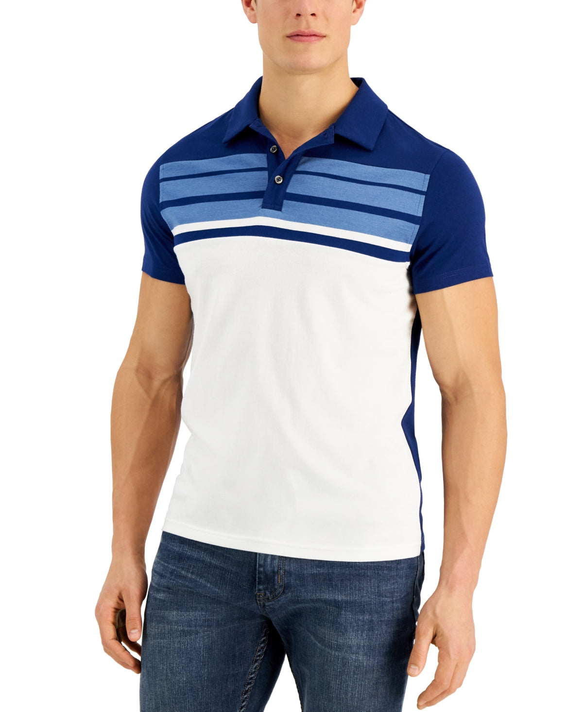 Alfani Mens Colorblocked Stripe Print Egret Blue Short Sleeve Polo Shirt Large